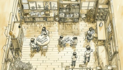 Cozy family gathering in a beautifully illustrated room, filled with books and warm lighting, creating a peaceful and inviting atmosphere.