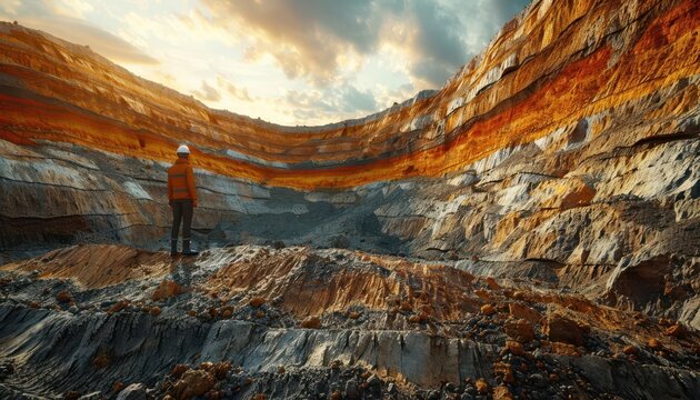 Miner standing in a grand, layered open-pit mine at sunset, capturing the essence of industrial work and natural resource extraction.