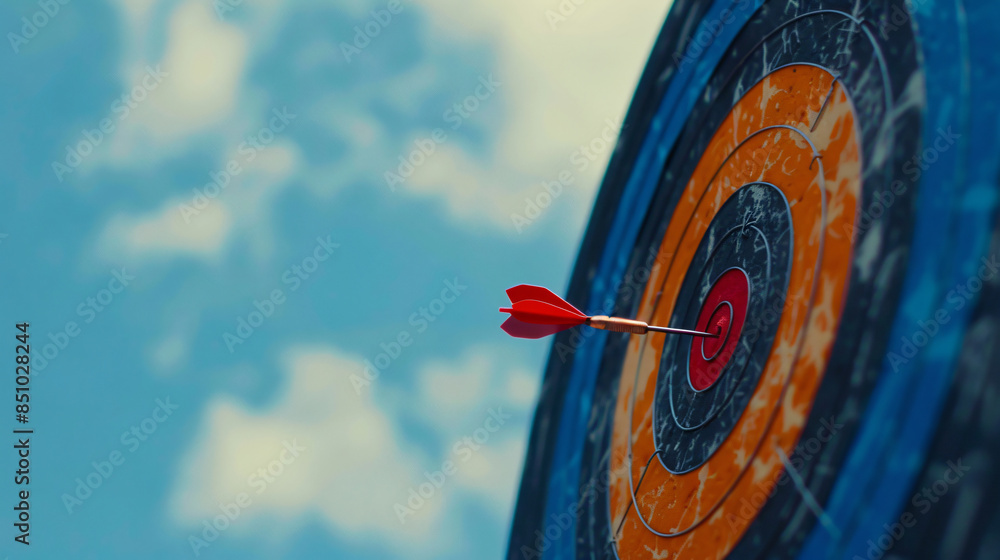 Aufkleber lone red dart hitting the bullseye, symbolizing reaching a business objective