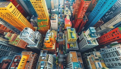 Obraz premium Aerial view of a vibrant, colorful urban cityscape with towering skyscrapers and diverse architecture, creating a dynamic visual experience.