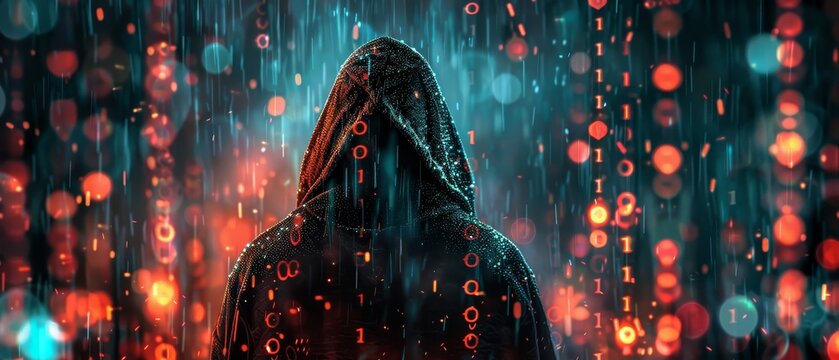 Mysterious hooded figure standing in the rain with digital binary code raining down, symbolizing hacking, cybersecurity, and the digital age.