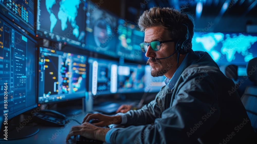 Poster professional cybersecurity expert monitoring data on multiple screens in a control room, ensuring se