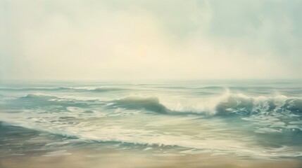 Tranquil seascape with soft tones and gentle waves on the shore
