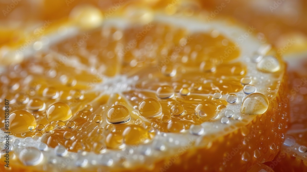 Wall mural   A close-up of an orange with water droplets on the top and sides - Wall murals