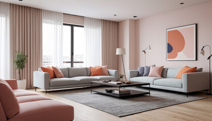 The minimalist living room, with its plain wall backdrop and soft, subtle hues, offers a modern and calming space for guests to unwind and enjoy their stay, Generative AI