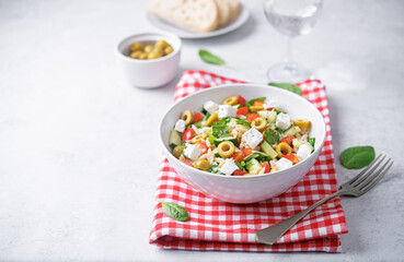 Cucumber red Bell pepper olives Feta orzo salad