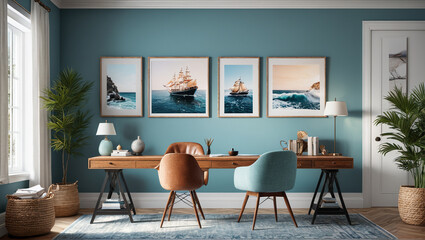 A chic home office with sea-inspired colors and natural materials, blending functionality with coastal elegance, Generative AI