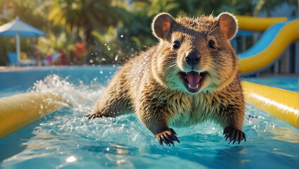Cute animal quokka on a water slide in summer vacation