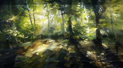Abstract sunlit forest with dappled shadows and vibrant foliage