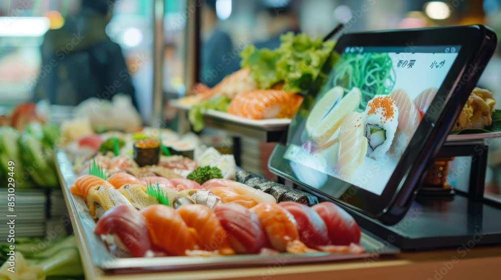 Poster a close-up shot of a sushi restaurant display featuring a variety of fresh sushi rolls. a digital ta
