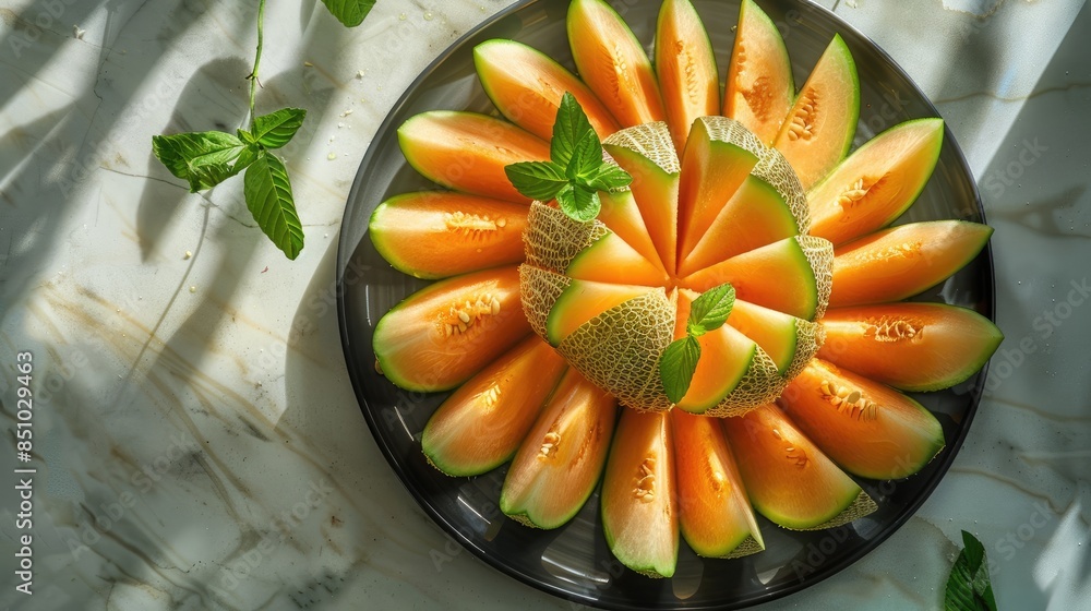 Poster fresh melon arranged in an artistic layout on a plate creating a full frame background