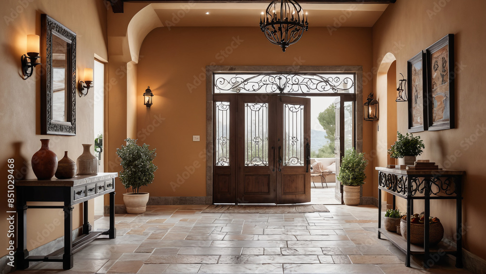 Poster An inviting hallway with stone accents and wrought iron details, welcoming guests with Mediterranean elegance, Generative AI