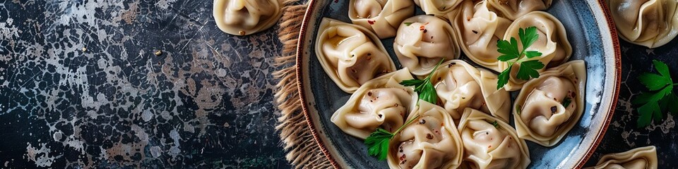 Fototapeta premium Traditional Manti food on a plate, top view. The concept of oriental cuisine. Uzbek dumplings manti. Uzbek food. banner, place for text, catering menu recipe.