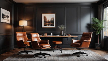 Fototapeta premium A cozy home office with dark wood paneling and leather armchairs, combining functionality with traditional aesthetics, Generative AI