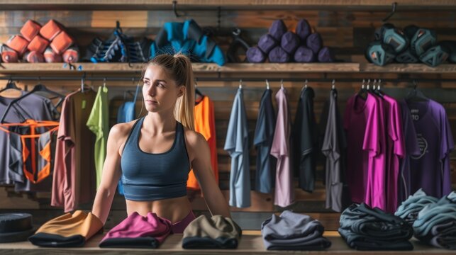 A young woman wearing a sports bra looks thoughtfully at a display of athletic apparel in a retail store.