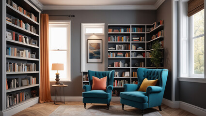 A cozy reading nook with a wingback chair and built-in bookshelves, offering a traditional escape for book enthusiasts, Generative AI