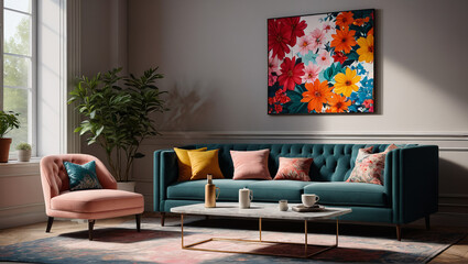 A tranquil lounge with floral upholstery and a marble-topped coffee table, offering relaxation in a traditional setting, Generative AI