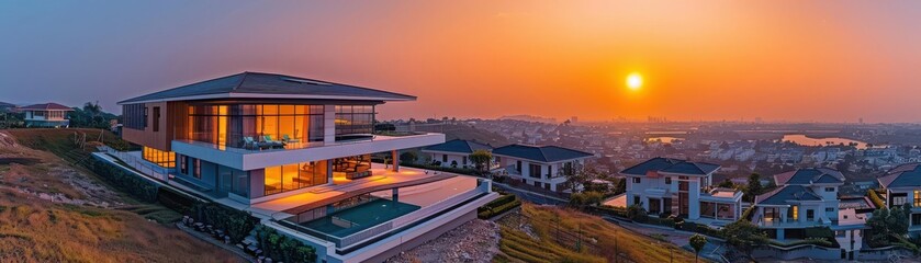 Fototapeta premium Stunning modern villa with large windows overlooking a beautiful sunset and hillside residential area with expansive cityscape views.