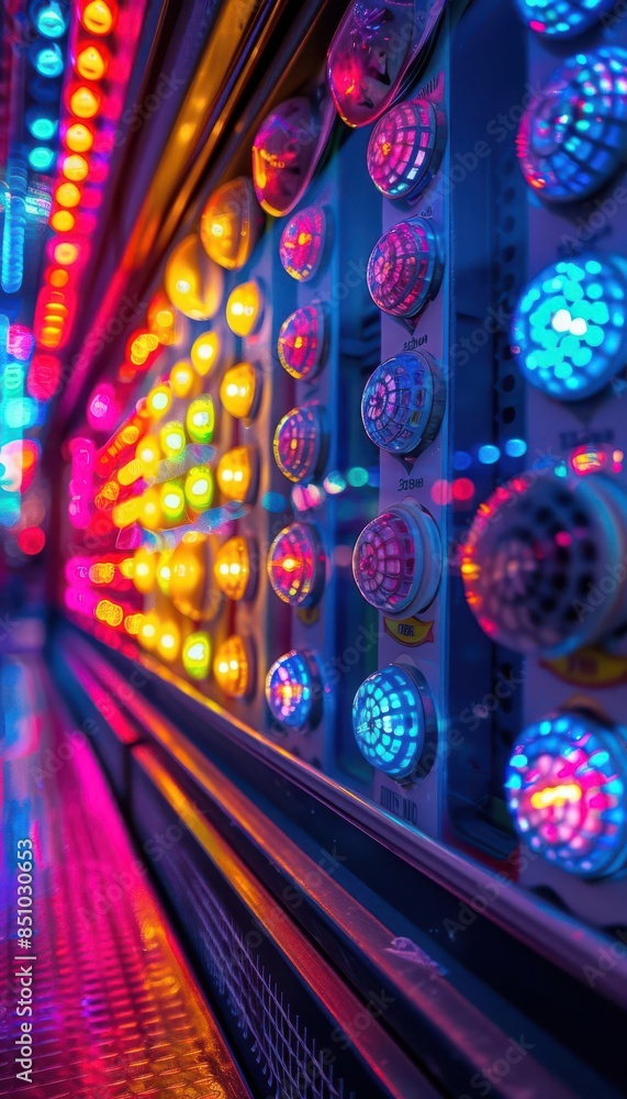 Poster colorful and vibrant neon lights in a row, creating a mesmerizing and futuristic atmosphere with var