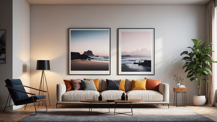Art Moderne Comfort: Peaceful Room with an Empty Wall and Clean Lines, Generative AI