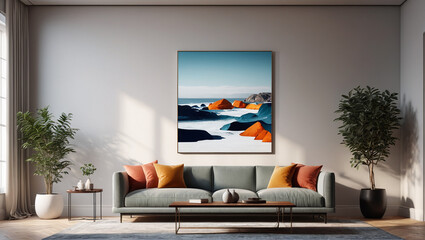 Art Moderne Tranquility: Calm Room with a Bare Wall and Sculptural Elements, Generative AI