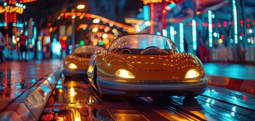 Vibrant night view of illuminated bumper cars at an amusement park, reflecting colorful lights on a wet surface, capturing the excitement of fun rides.