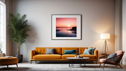 Modernist Oasis: Calm Room with a Bare Wall and Iconic Design Pieces, Generative AI