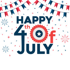 Happy 4th of July hand lettering card. American Independence Day banner, poster with United States flag, stars and stripes. Red and Blue color. Happy