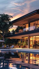 Obraz premium Modern luxury villa with large windows and infinity pool at dusk, surrounded by lush greenery and beautiful sunset sky.