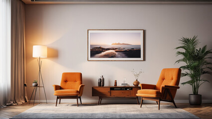 Iconic Serenity: Relaxation Room with a Bare Wall and Midcentury Icons, Generative AI