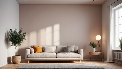 Scandinavian Serenity: Peaceful Room with an Empty Wall and Wooden Accents, Generative AI