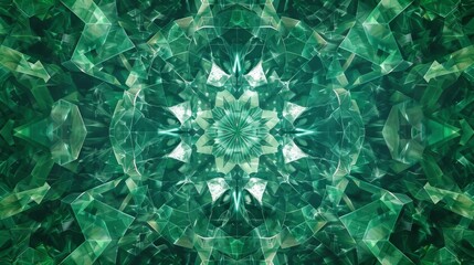 Kaleidoscope pattern with overlapping green shapes and geometric forms