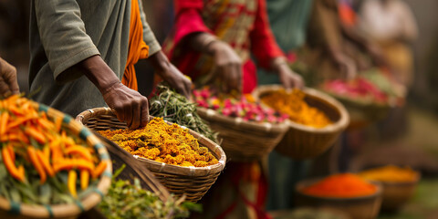 Obraz premium Artisanal baskets overflowing with vibrant spices and herbs at a local market, showcasing the diversity and richness of sustainable farming practices in a culturally rich setting. Copy space