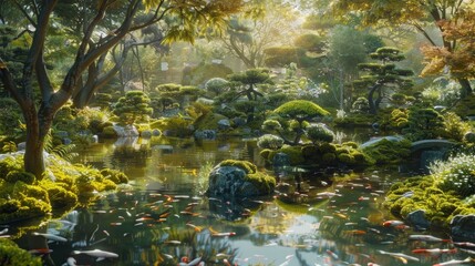 Manicured bonsai trees and koi ponds in serene Japanese garden