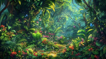 Vibrant leaves and flowers in a whimsical jungle scene