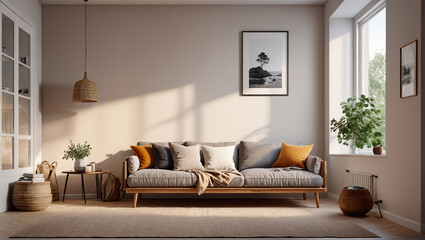 Scandinavian Retreat: Calm Room with a Bare Wall and Organic Materials, Generative AI