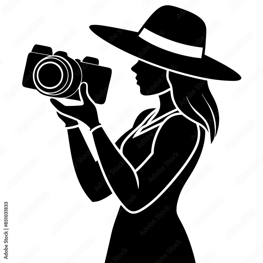 Canvas Prints On World Photography Day, a woman holding on dslr camera were hat, silhouette