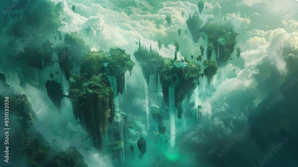 Wall mural floating islands in jade-green mist with waterfalls and ethereal beings - Wall murals