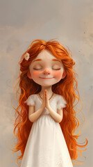 Fototapeta premium Cute redhead girl in a white first communion dress holding a rosary, praying and smiling in a full body illustration 