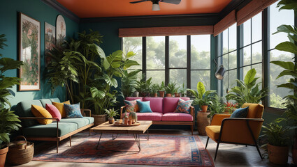 Fototapeta premium A relaxing sunroom with a variety of eclectic furniture and lush plants, offering a vibrant and serene escape, Generative AI