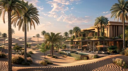 Fototapeta premium Sand dunes and lush palm trees create serene desert oasis