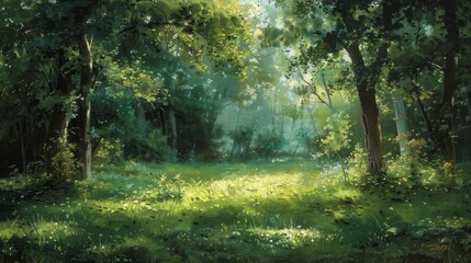 Sunlight filters through dense foliage in serene forest clearing