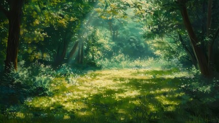 Obraz premium Forest clearing with sunlight casting dappled shadows on green ground