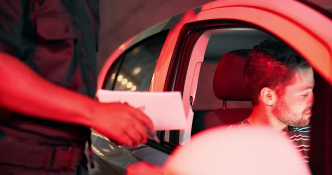 Police, writing and speeding ticket for angry man in a car outdoor with traffic violation, warning and fine. Law, transport and patrol officer with guilty driver for vehicle, fail or highway offence