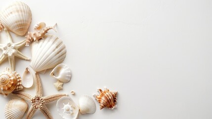 a white background adorned with seashells and starfish, evoking a summer concept through coastal elements.