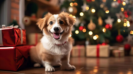Cute puppy sitting by Christmas tree, AI Generative.