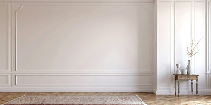 Simple white wall background with decorative molding and copy space, minimalistic concept