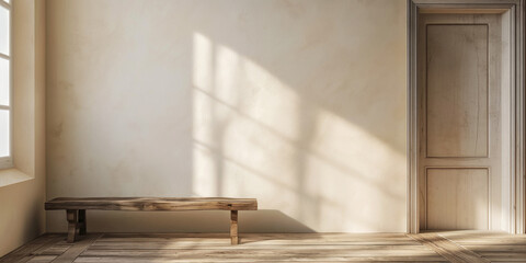 Minimalist wooden bench against wall, interior decor concept