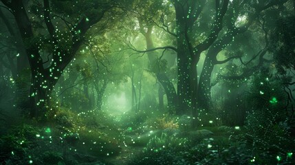 Fireflies cast green light in fairy-tale mystical glen