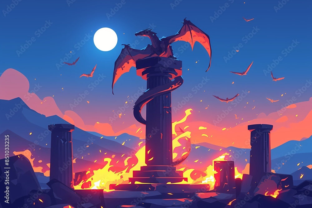 Wall mural Burning entrance to scary dungeon ruins with monsters. Mysterious temple gate, dragon defense. Fantasy landscape. Cartoon illustration for game background, poster, banner, card